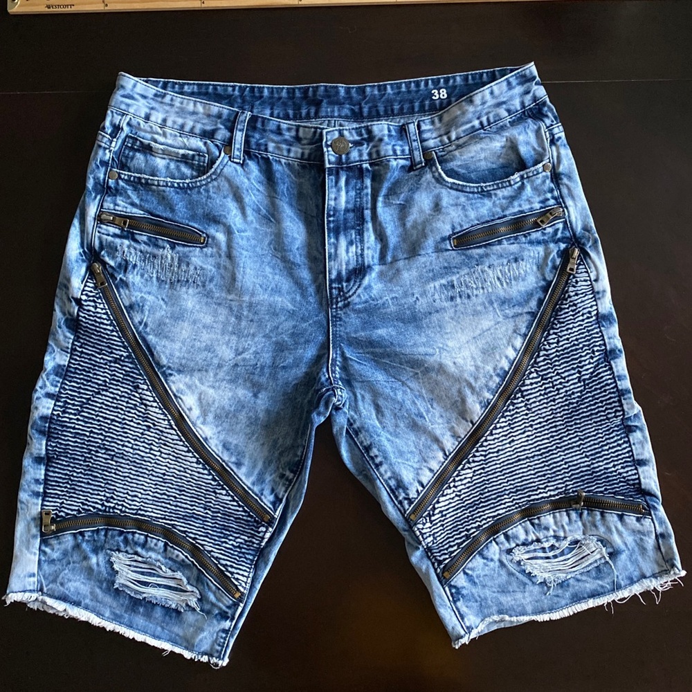 D Lux Denim Brands Ribbed Moto Shorts Mens 38 Blue Denim Shorts Distressed